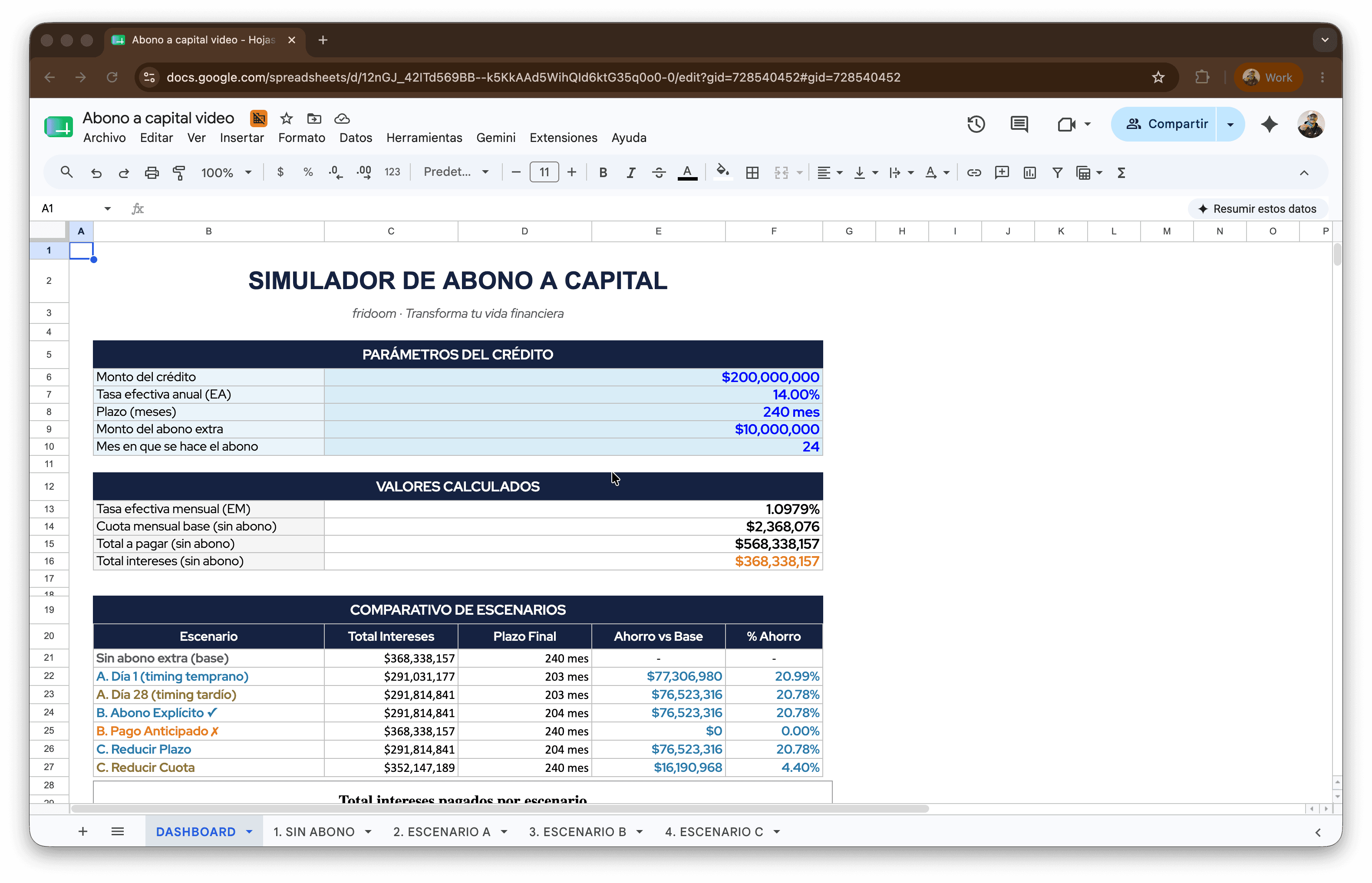 Captura del simulador de abono a capital en Google Sheets